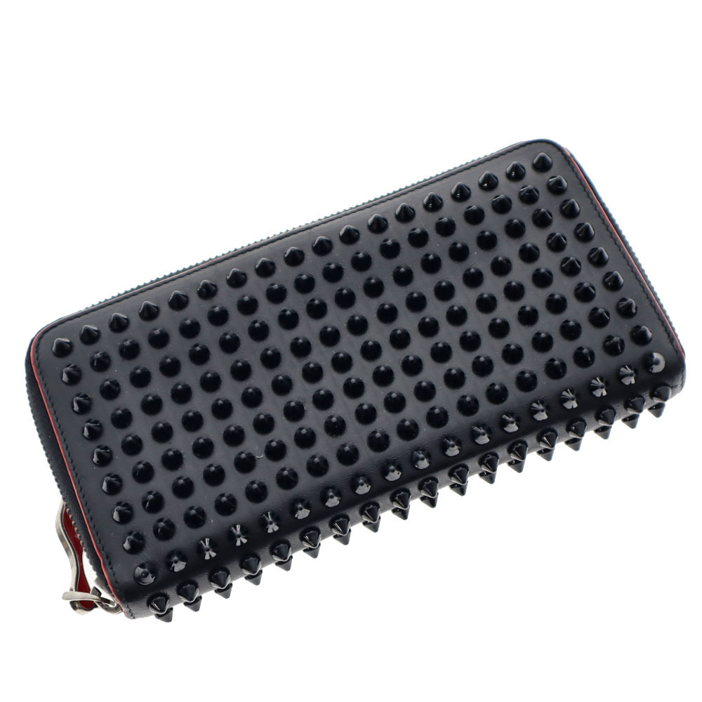 Christian Louboutin Round Zip Long Wallet Leather Black Red Studs